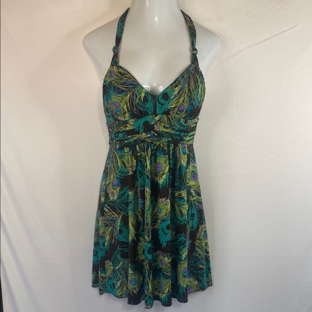 Vintage Y2K Ruby Rox Peacock Feather Halter Dress, Size L